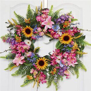 20-22 Inch Summer Spring Wreath Fake Silk Yellow Sunflowers Pink Wild  Flowers